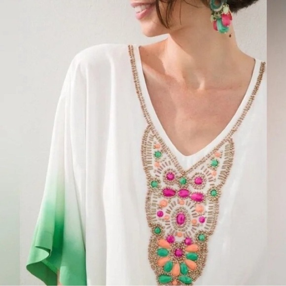 CHICO'S 2 Womens Ombre Tropical Emerald Beaded Tunic Top Sz 12/14 Kimono NWT - Picture 2 of 12